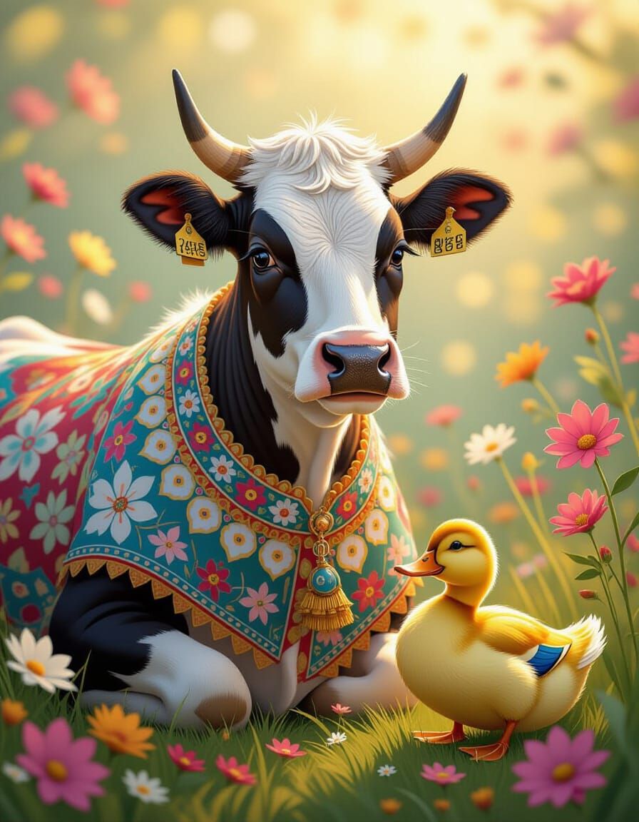 Patchwork Cow Portrait in Ornate Floral Dress