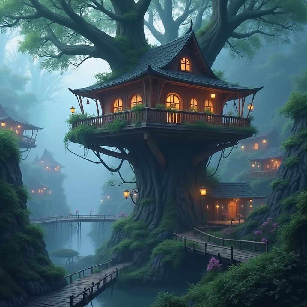 Fantasy Treehouses in Whimsical Forest Landscape