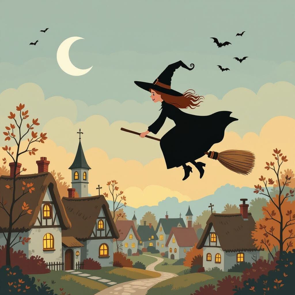 Whimsical Witch Flies Over Autumn Village in 1970s Book Styl...