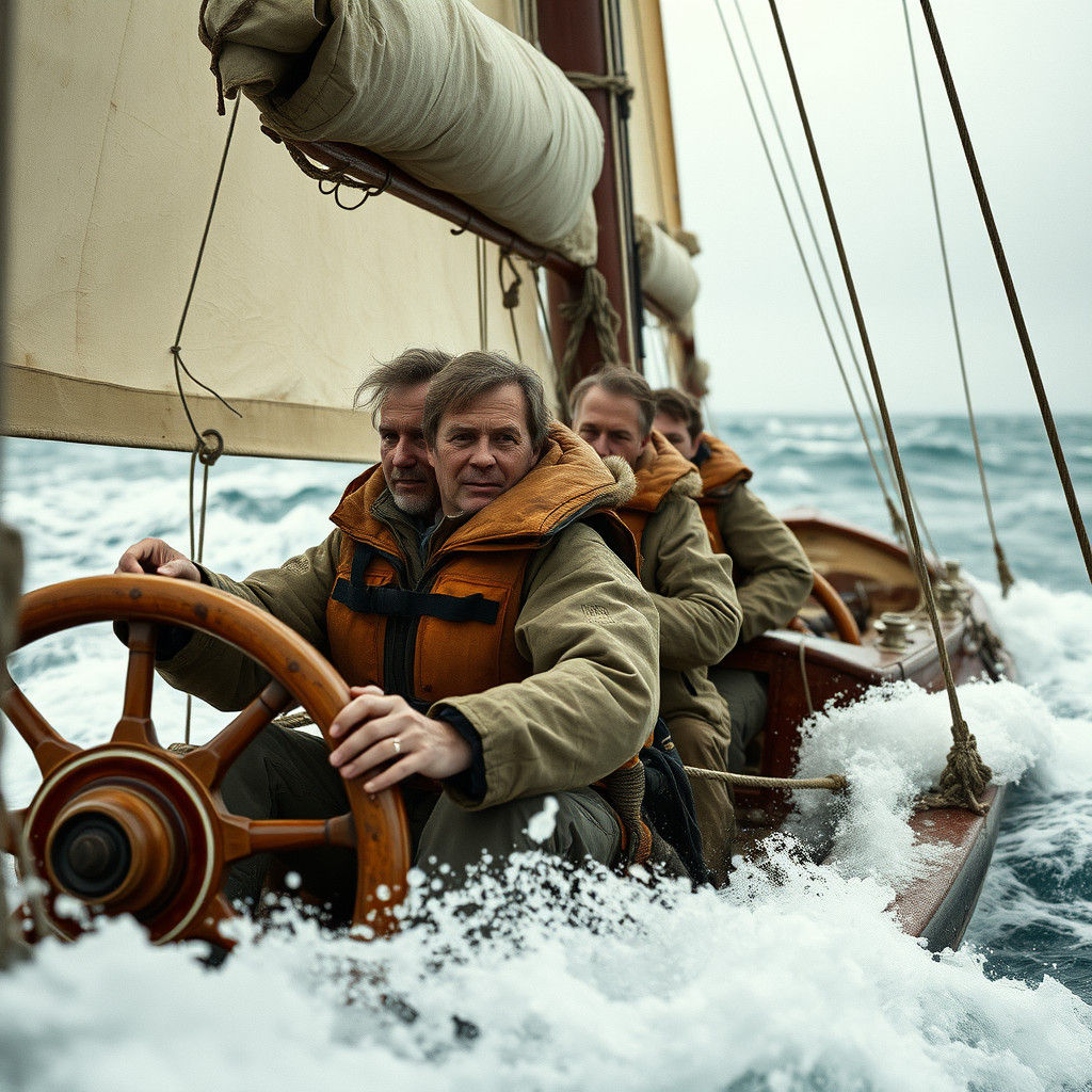 Sailboat Crew Navigates Stormy Seas: Cinematic Film Still