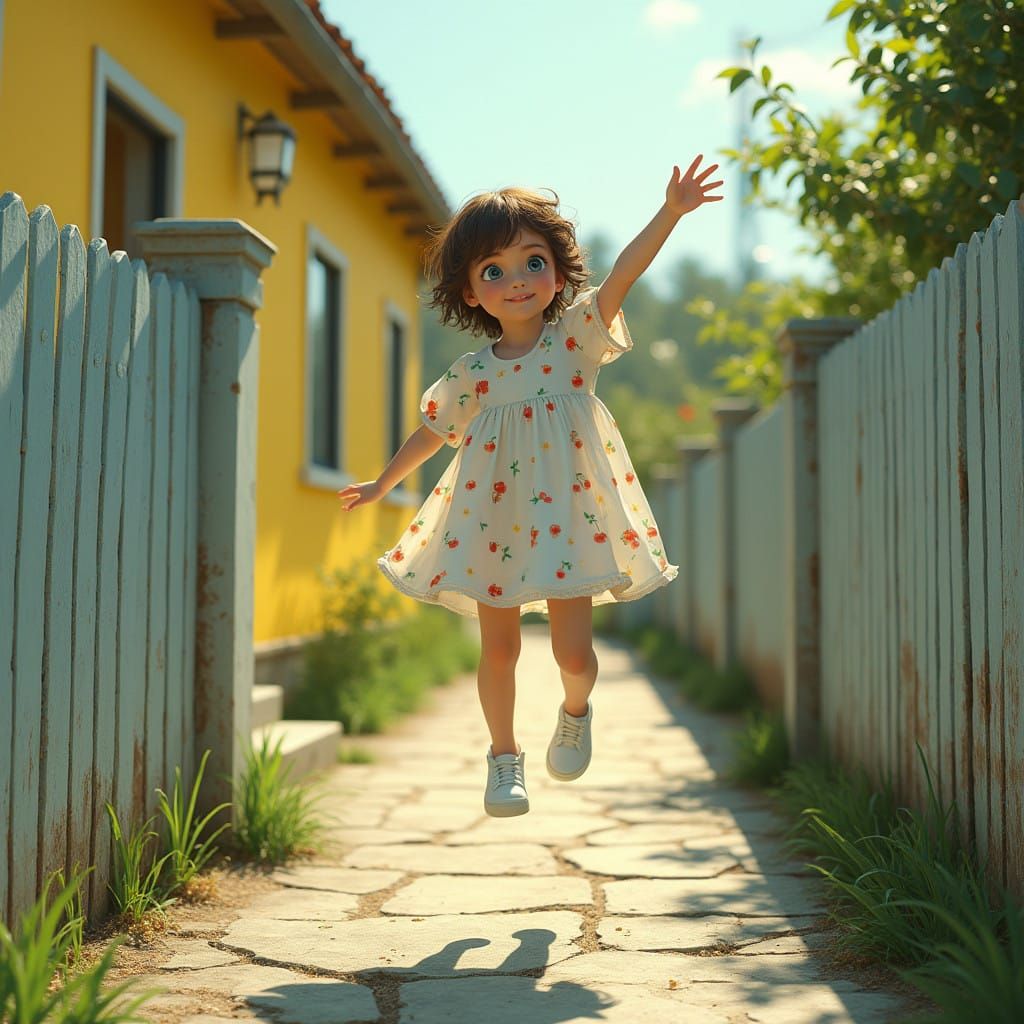 Joyful Girl Leaps Towards a Sunny Lemon Yellow House with a ...