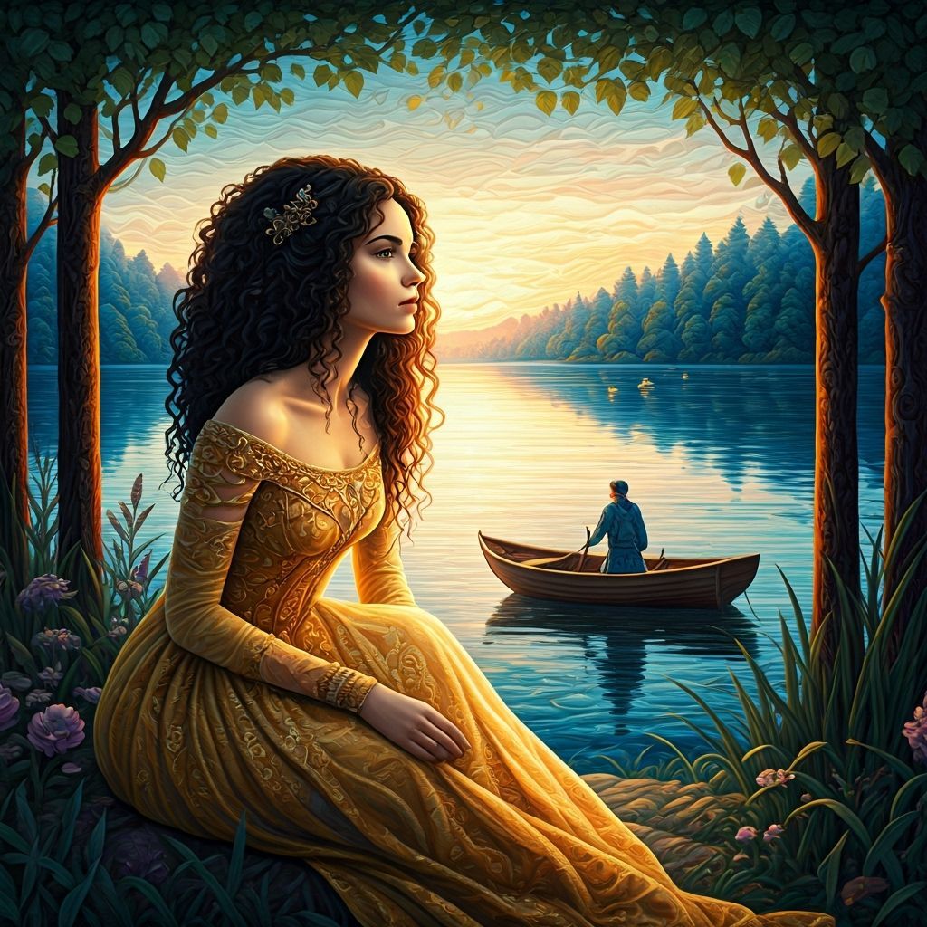 Quilted Fantasy: Woman in Golden Gown by Lake