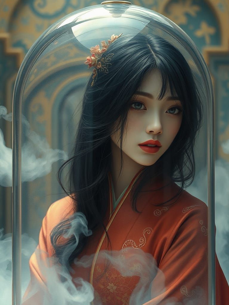 Elegant Mako Behind Glass Dome, Dreamlike Digital Art