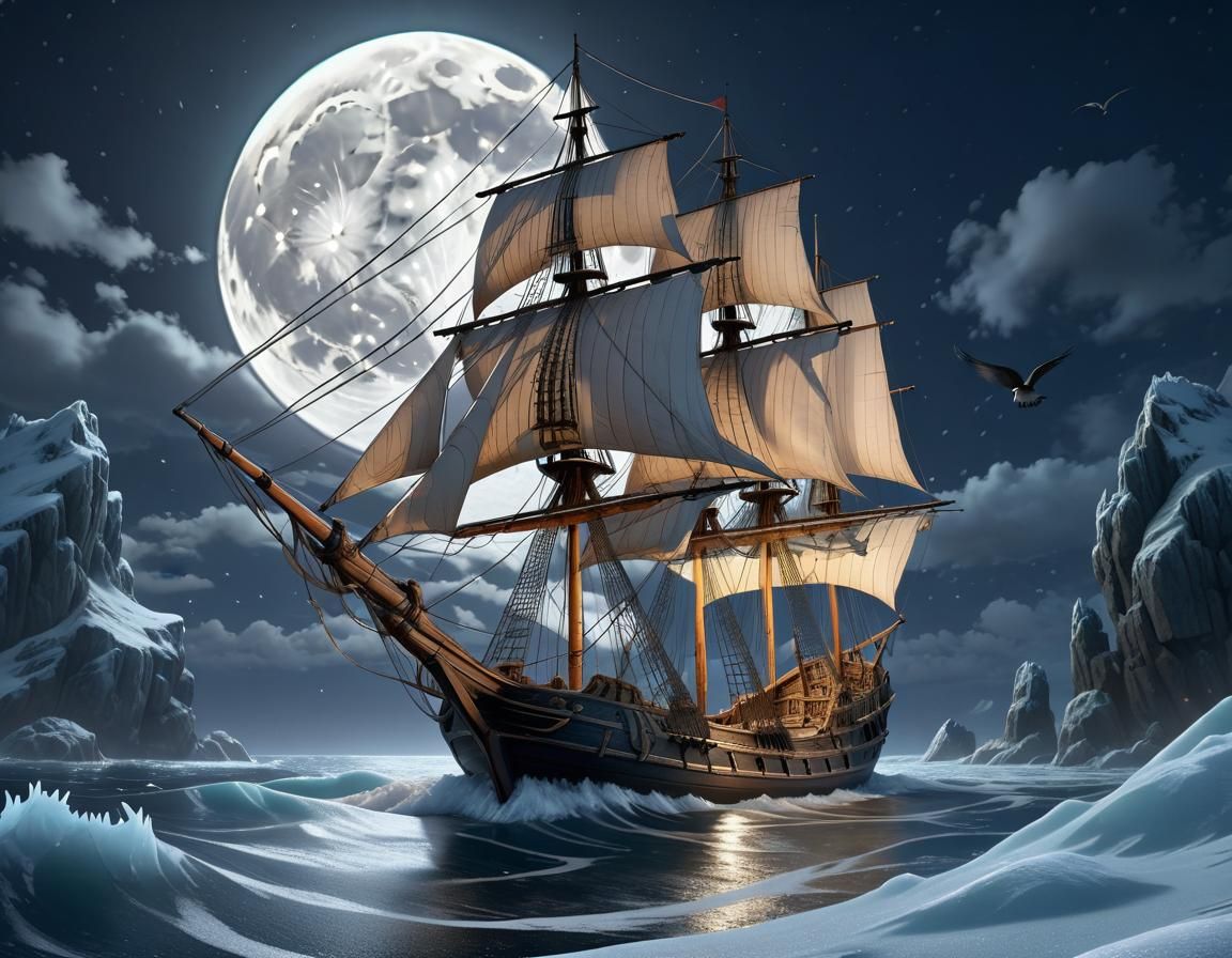 Sail Ship in Frozen Ocean: Anime Style