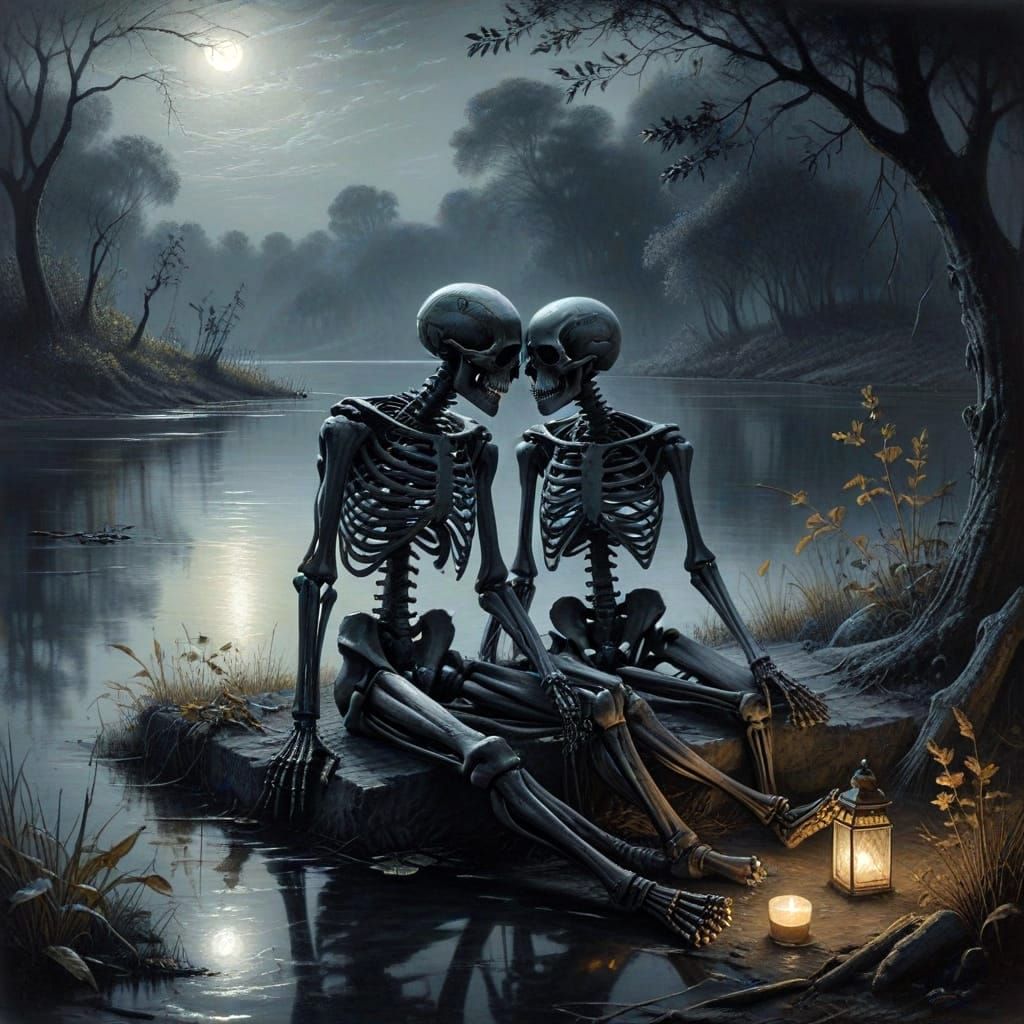 Skeletons in Love: Romantic Lakeside Picnic in Charcoal Styl...
