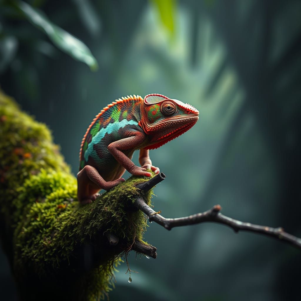 Chameleon Mimics Parrot in Mystical Rainforest Portrait