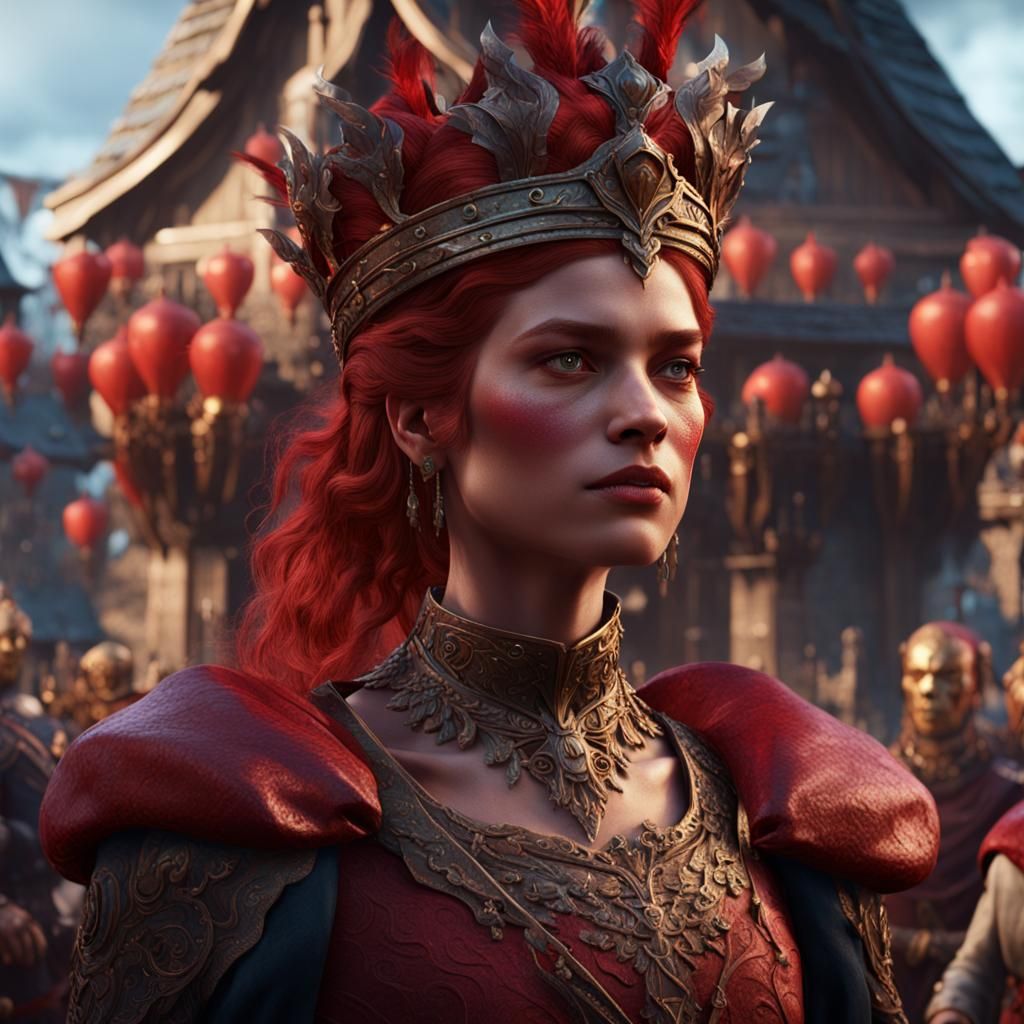 Young Crimson Queen in Village Square: Fantasy Concept Art