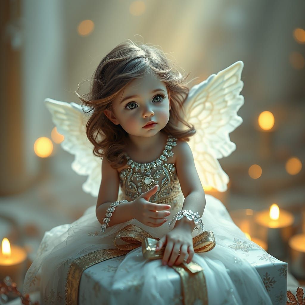 Serene Angel Sits atop Lavish Gift in Ethereal Light