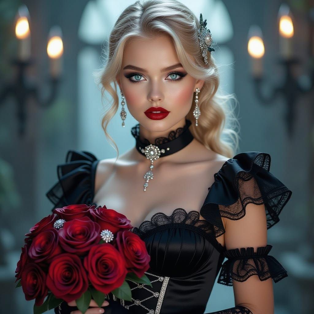 Gothic Fantasy Woman with Crimson Roses