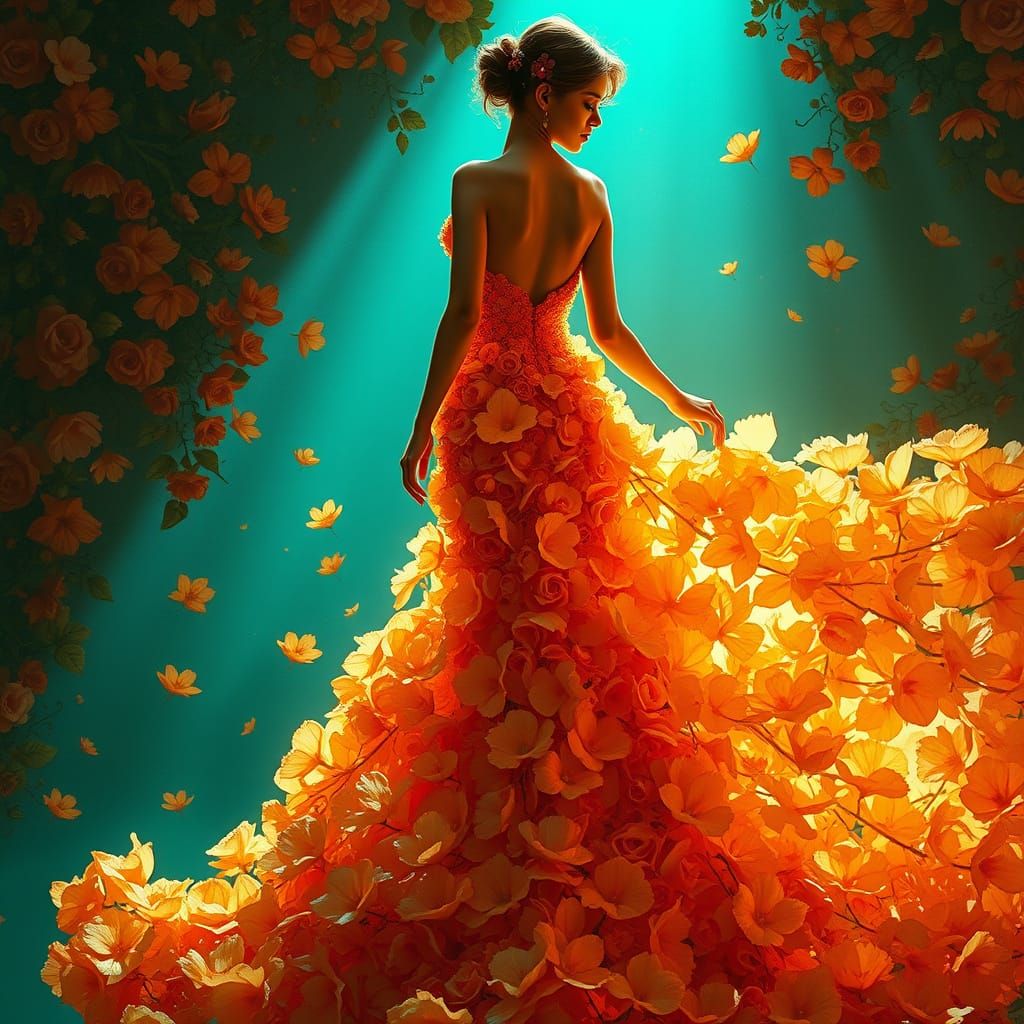 Ethereal Evening Gown Made from Living Flowers in Art Nouvea...