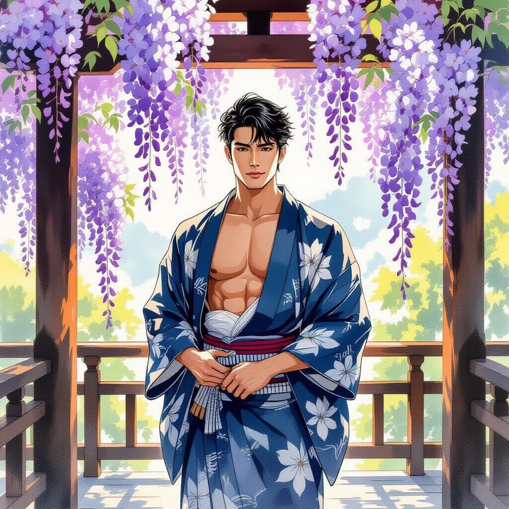 Muscled Man in Kimono Surrounded by Wisteria, Ukiyo-e Style