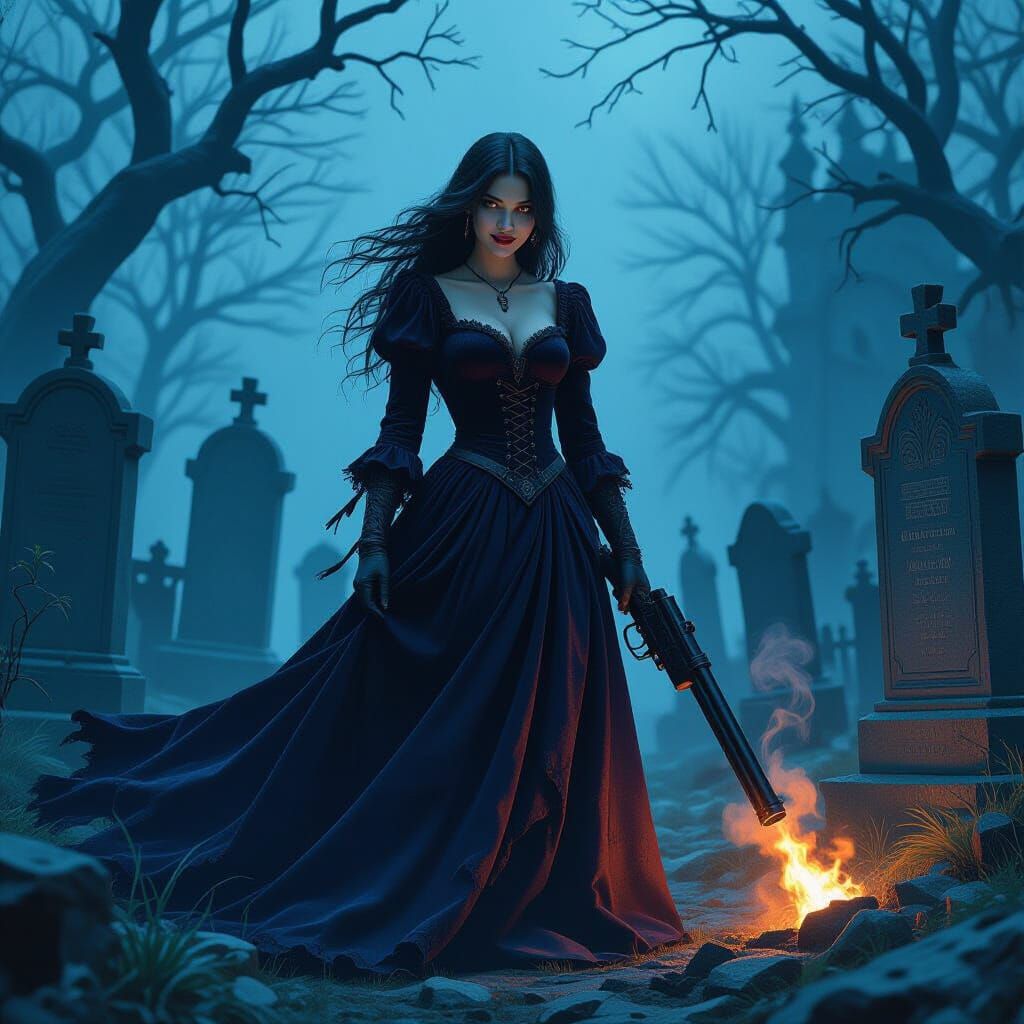 Gothic Warrior Maiden with Haunted Gun in Graveyard