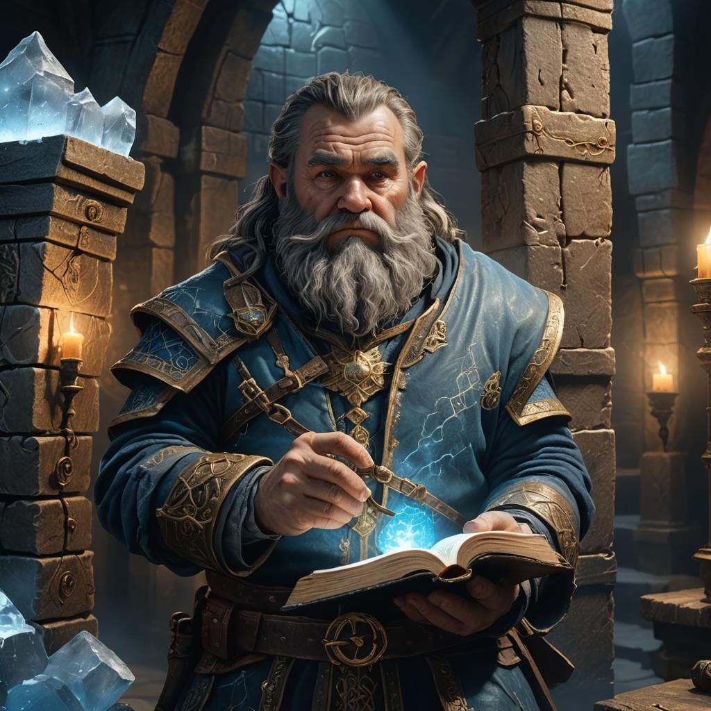 Dwarf Holding a Glowing Codex in Medieval Chamber