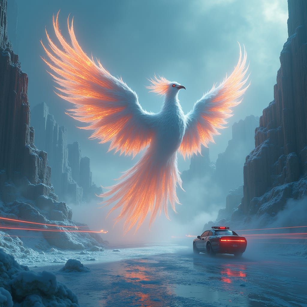 Majestic Ice Phoenix Rises from Futuristic City Ruins in Fro...
