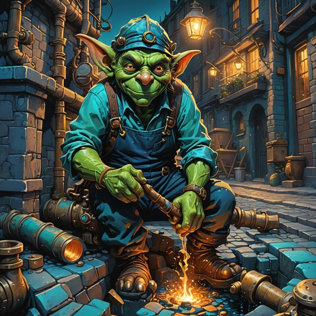 Goblin Plumber Repairs Pipes: Abstract Impressionist Art