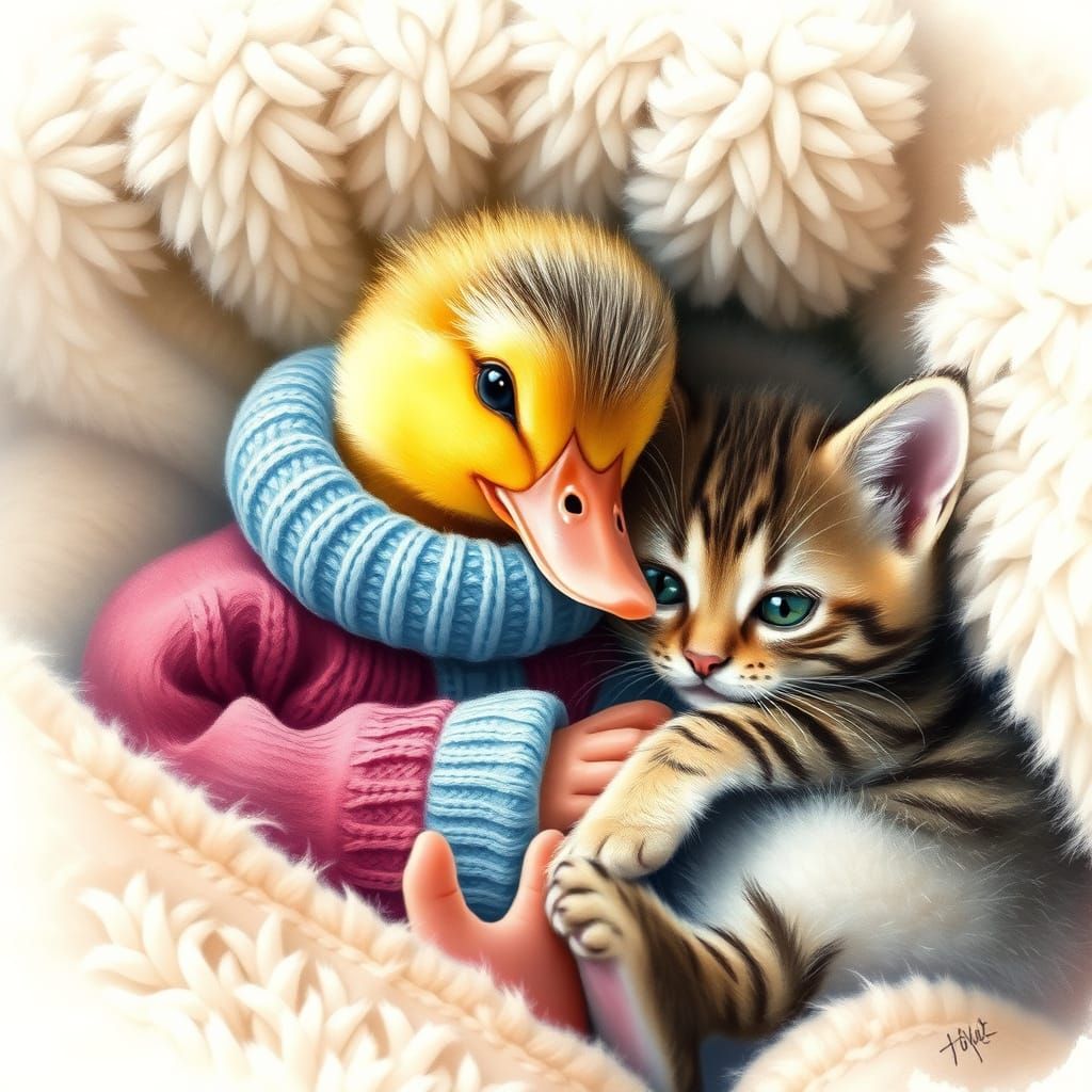 Quaint Watercolor Duck and Kitten Snuggle