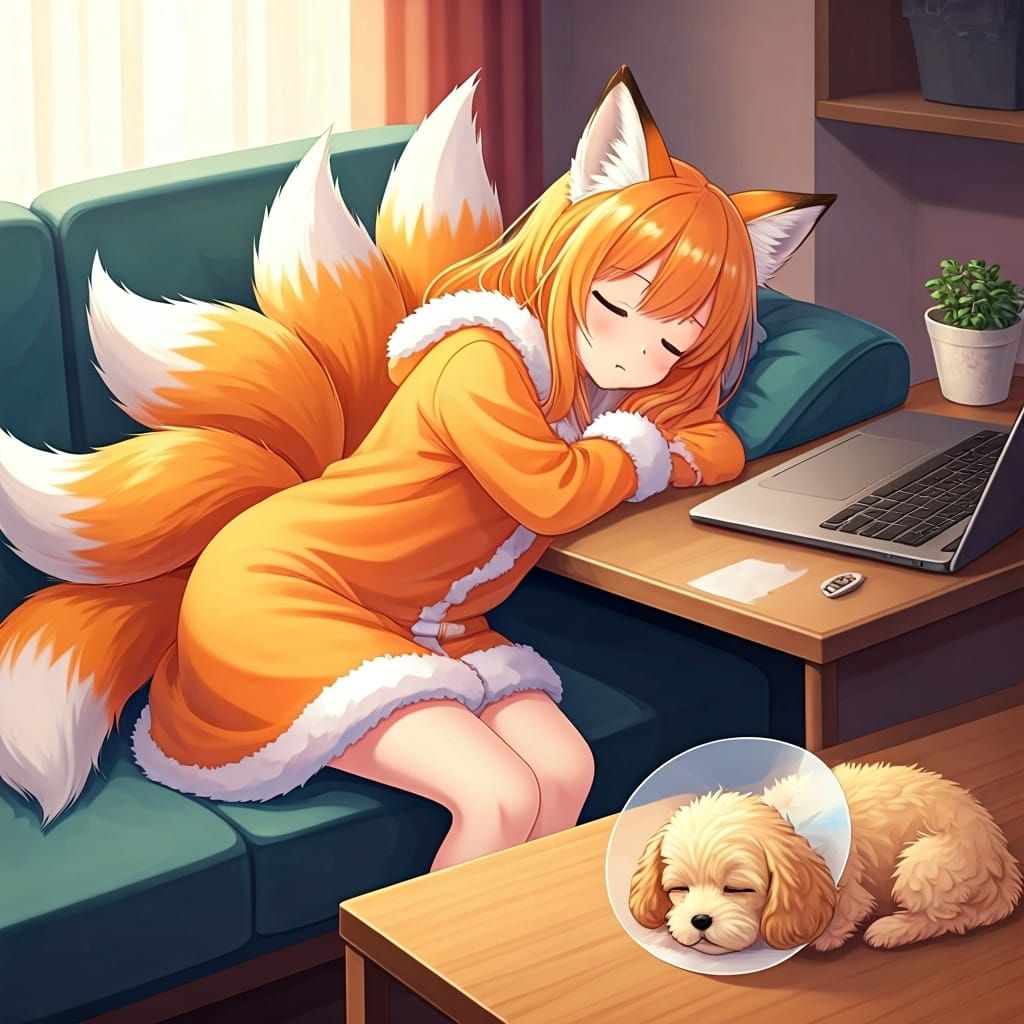 Anime Fox Girl Sleeping on Couch in Manga Style