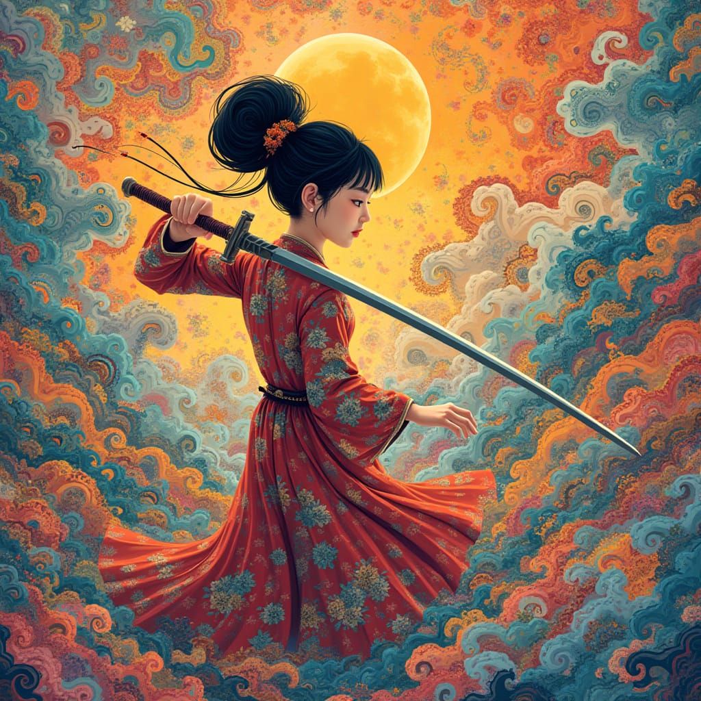 Vietnamese Girl with Sword in Futuristic Abstract Style
