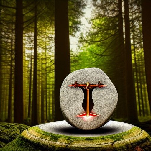Glowing Sword in Stone, Medieval Forest Scene