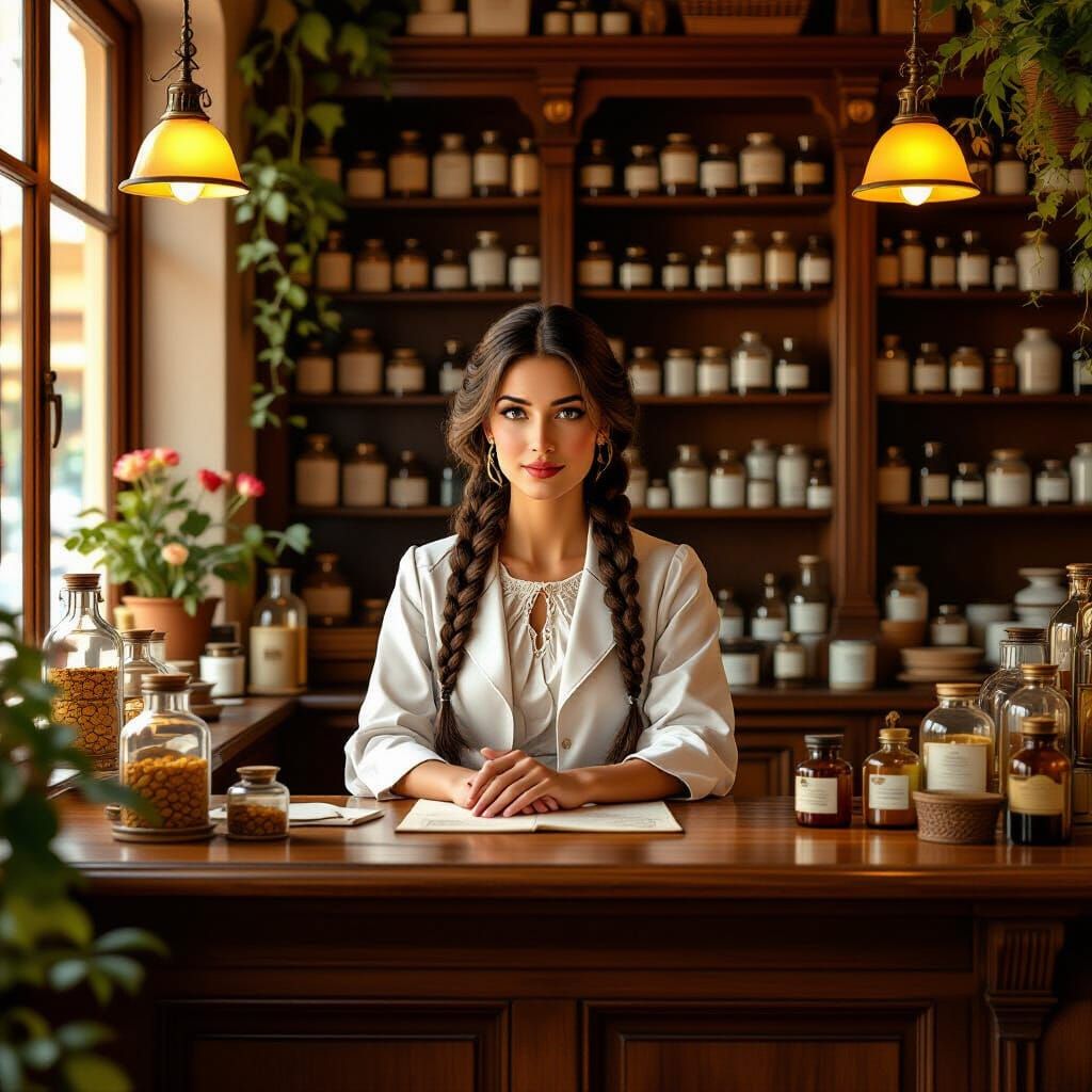 Old Italian Pharmacy with Woman at Counter