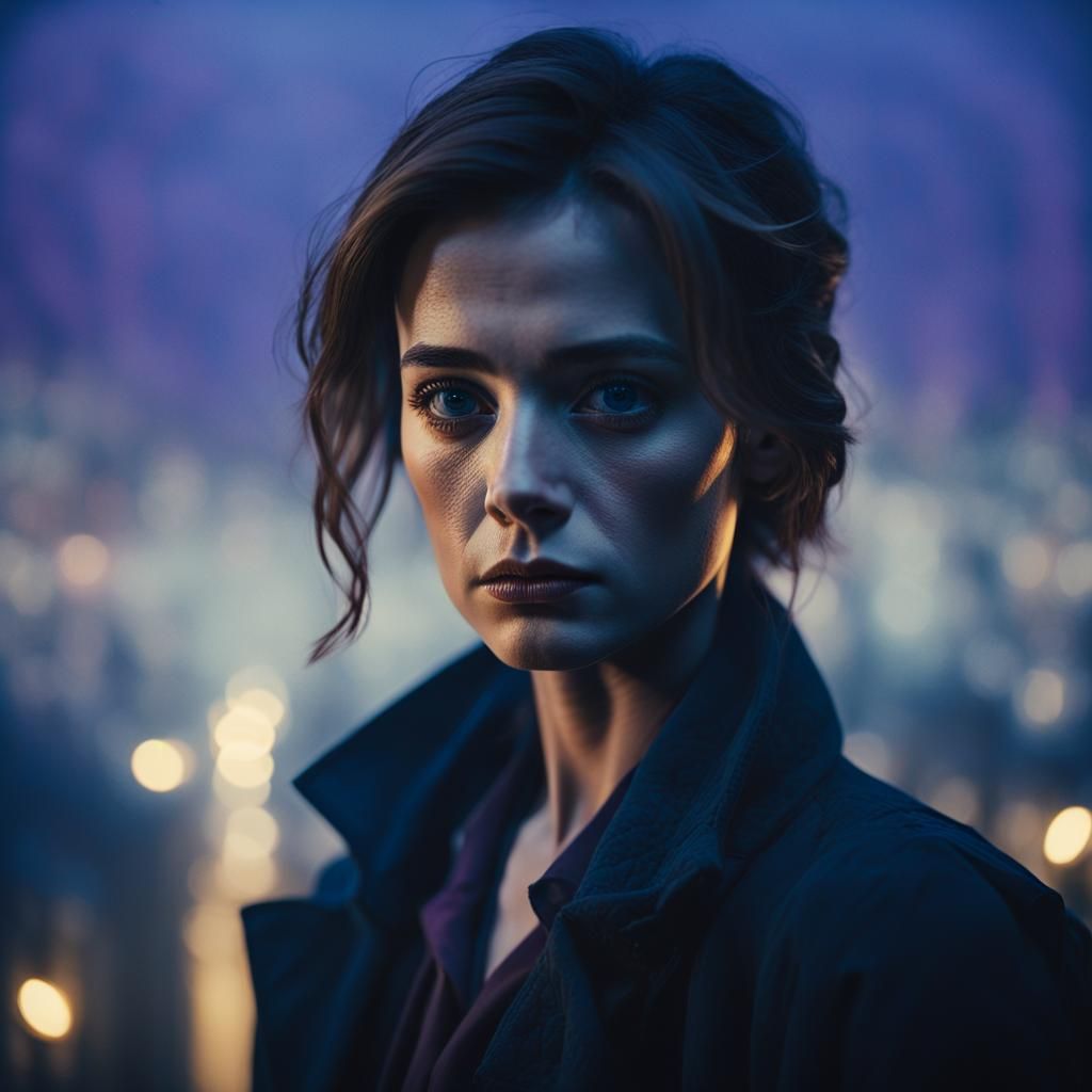 Mysterious Woman in Foggy Cityscape at Dusk