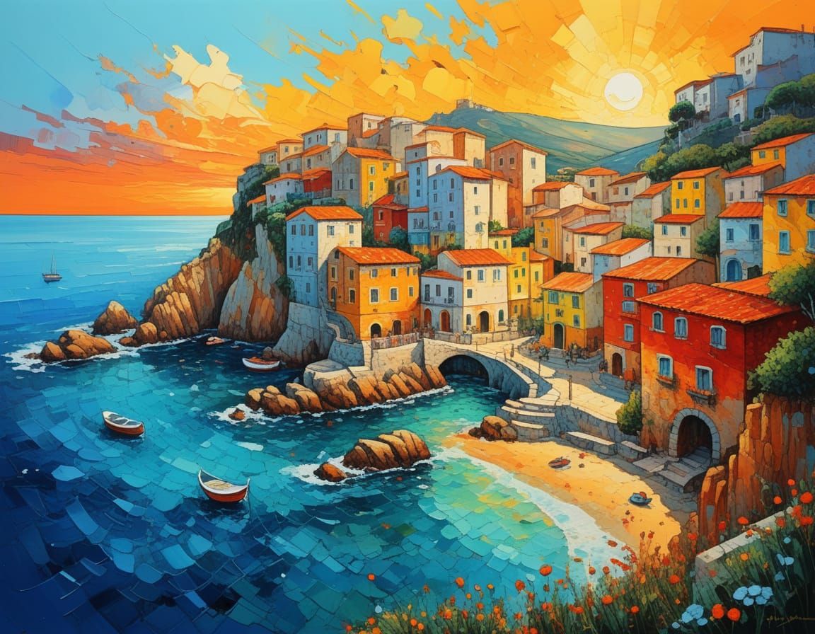 Vibrant Coastal Village at Sunset, Impressionistic Oil Paint...