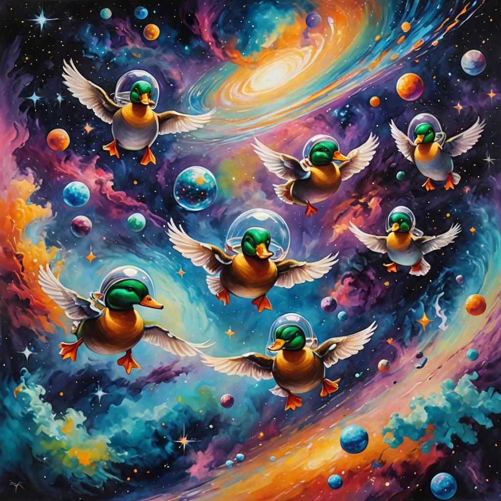 Cosmic Ducks in Space: An Oil Painting
