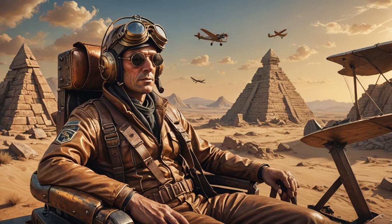 WWI Pilot Over Pyramids in Futuristic Metallic Style