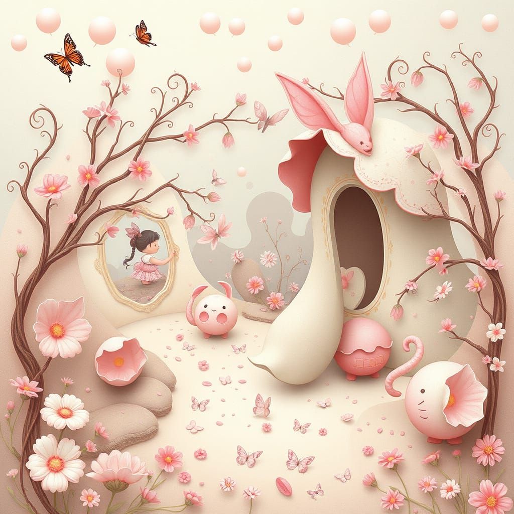 Pastel Whimsical Scene in Mixed Media Style