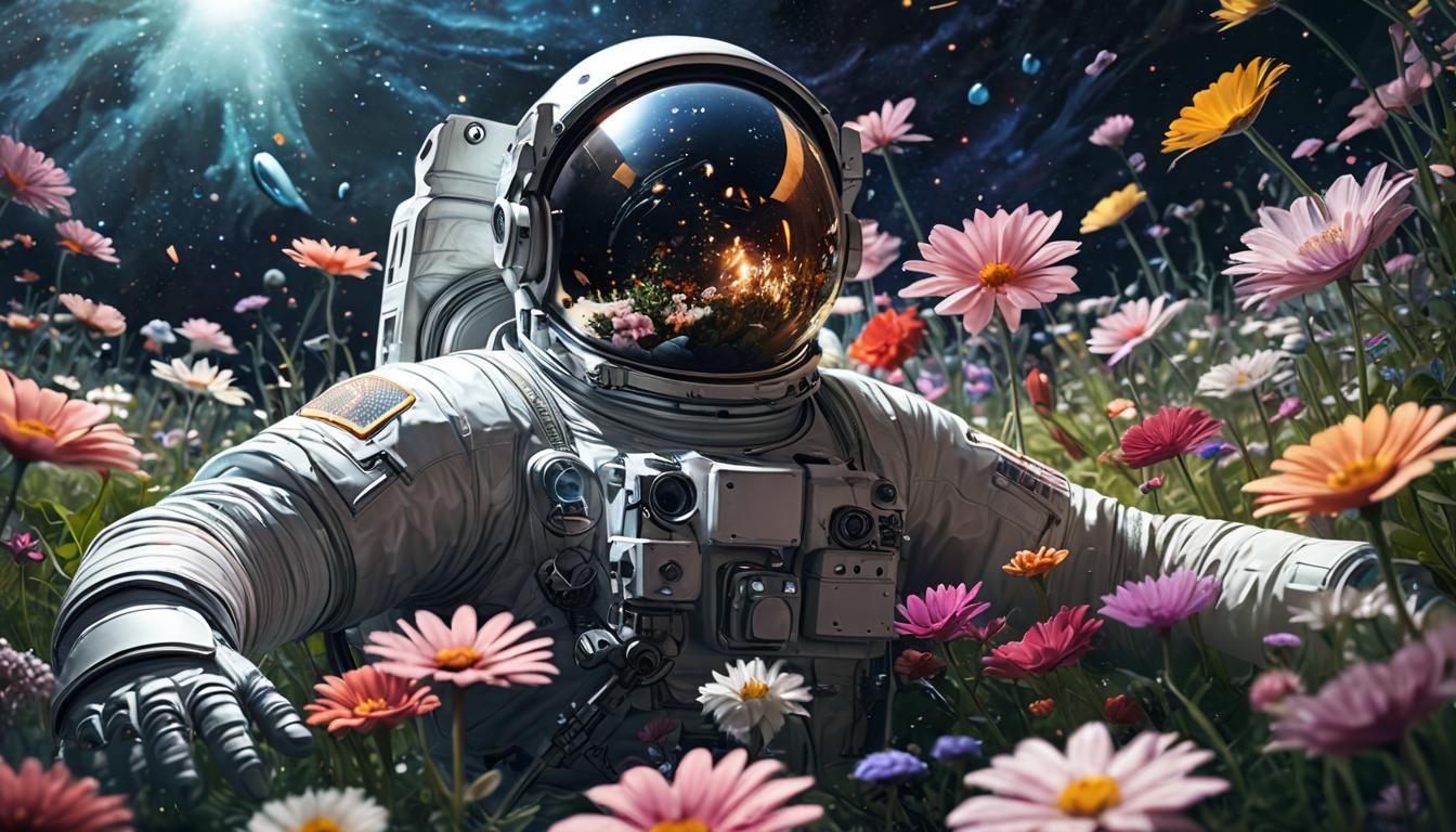 Astronaut in Flower Garden Reflecting the Cosmos