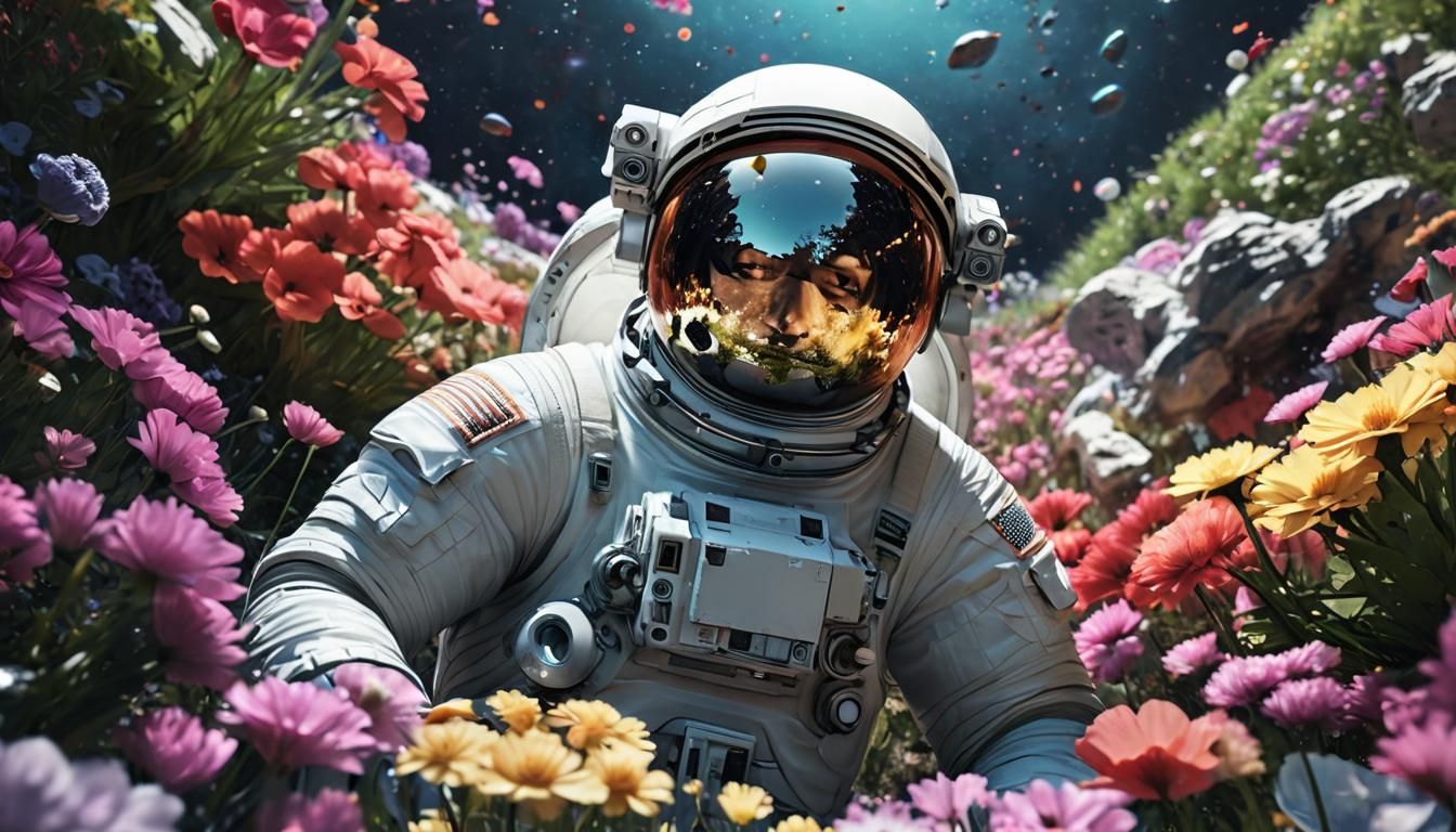Astronaut in Flower Garden Reflecting Universe
