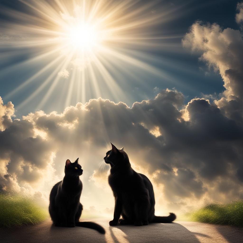 Black Cat in Heaven with Godlike Figure