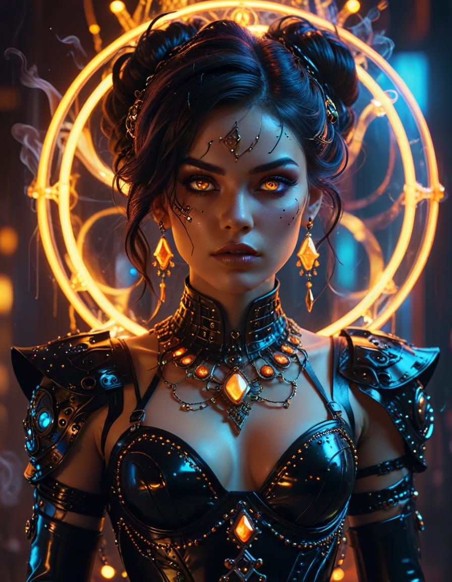 Cyberpunk Sorceress Portrait in Vibrant Digital Art