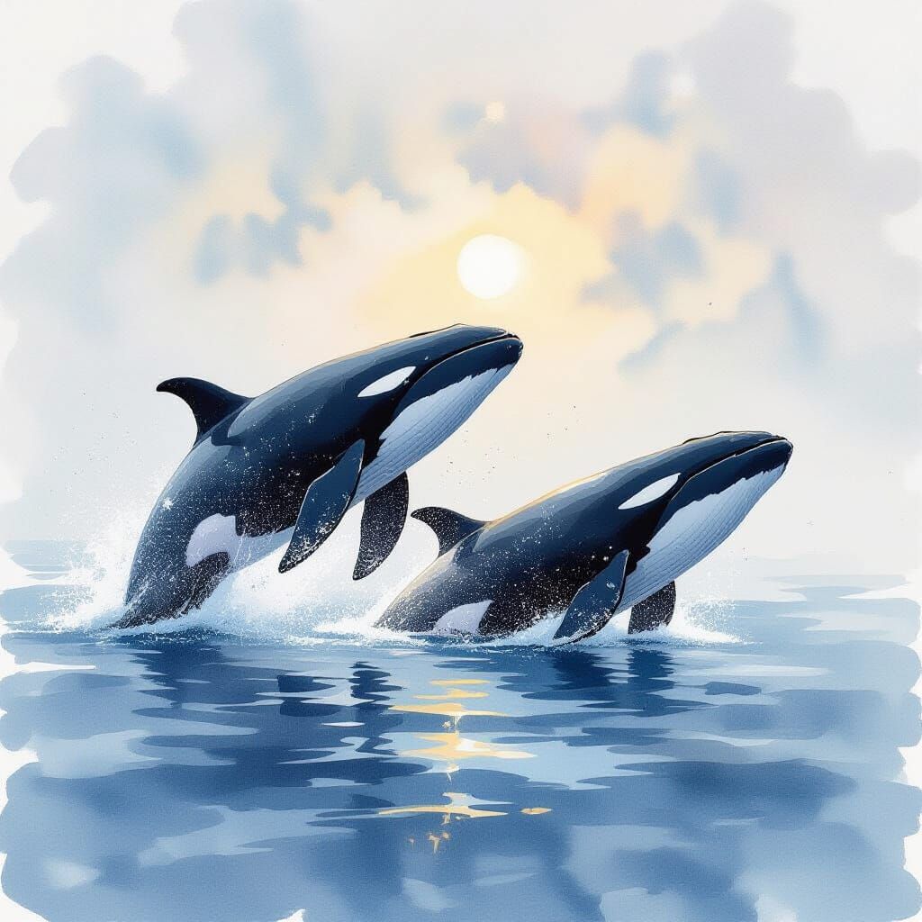 Whales in Dreamy Watercolor Style