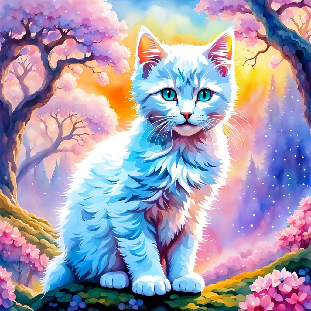 Watercolor Kitten with Christmas Tree and Blossoms