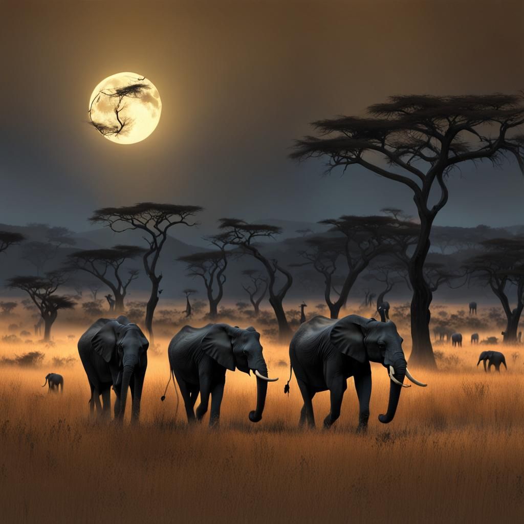 Elephants and Giraffe Roam Golden Savannah: Digital Painting