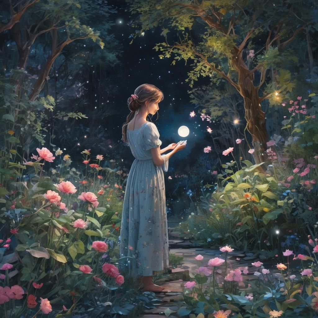 Moonlight Gardener Nurturing Celestial Flowers in Watercolor