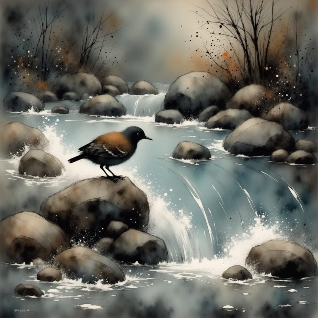 Watercolor Bird Sits on a Rock in a Whirlpool