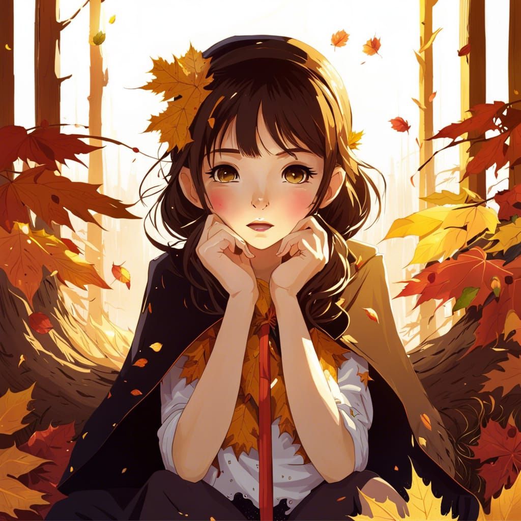 Anime Golden Autumn Girl in Illustrative Style