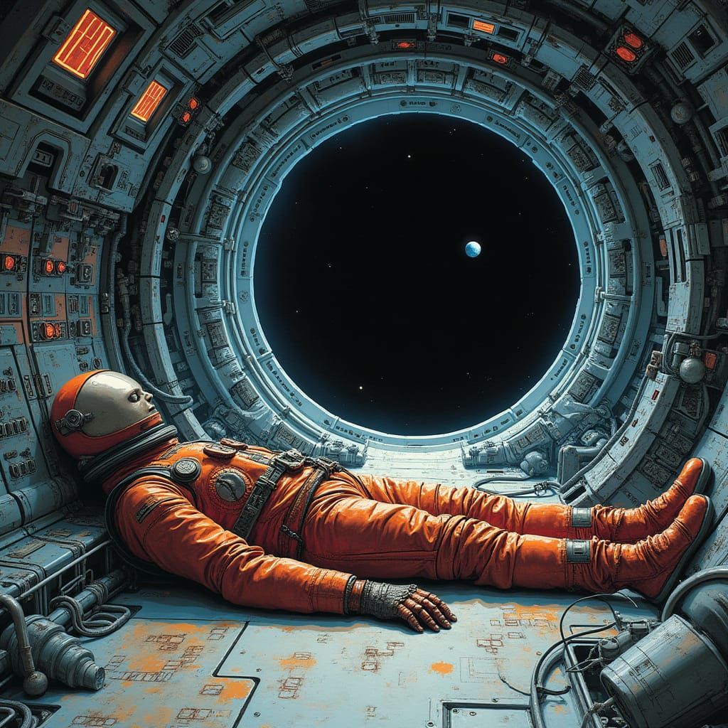 Starship Cockpit with Biomechanoid Creature in Moebius Style