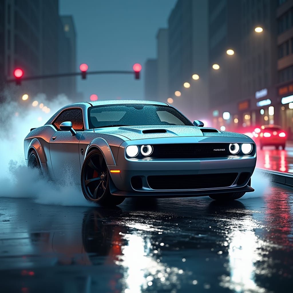 Silver Dodge Challenger Drifting on Wet Road