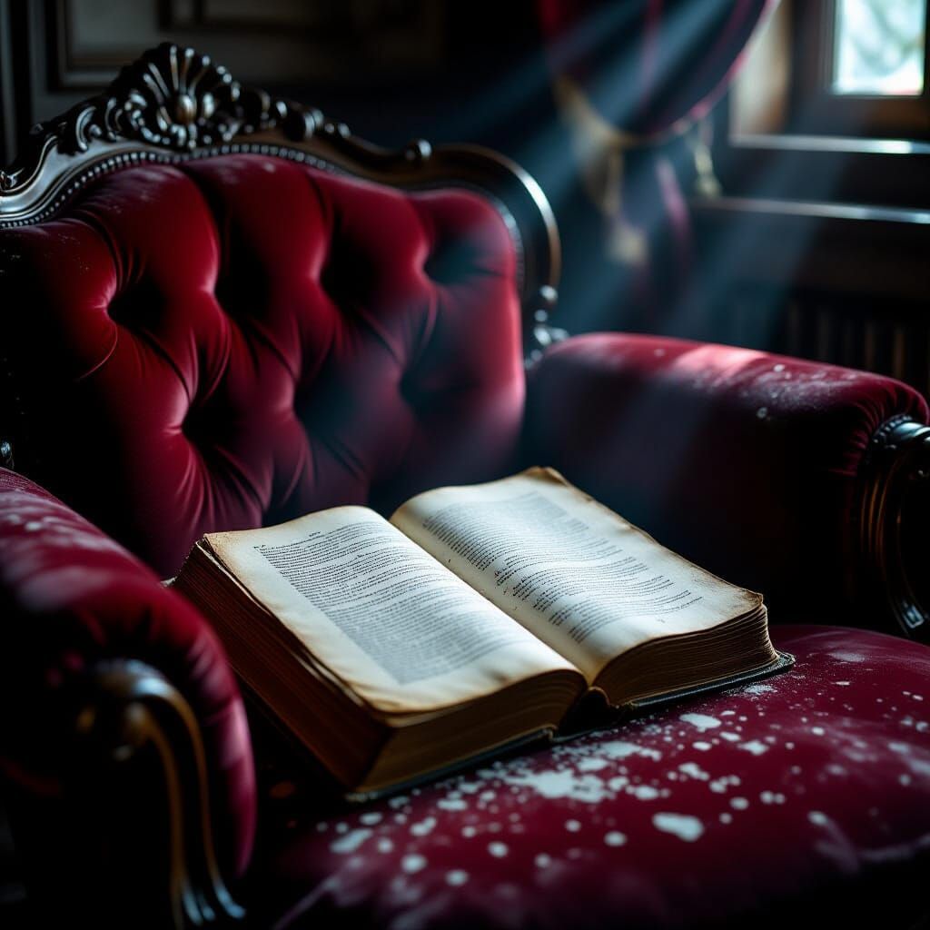 Antique Book on Velvet Chaise Lounge in Moonlight