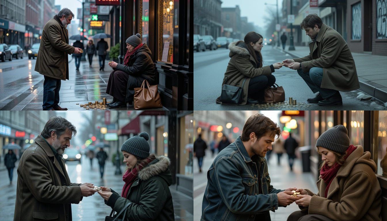 Man Giving Alms: Cinematic 35mm Film Still
