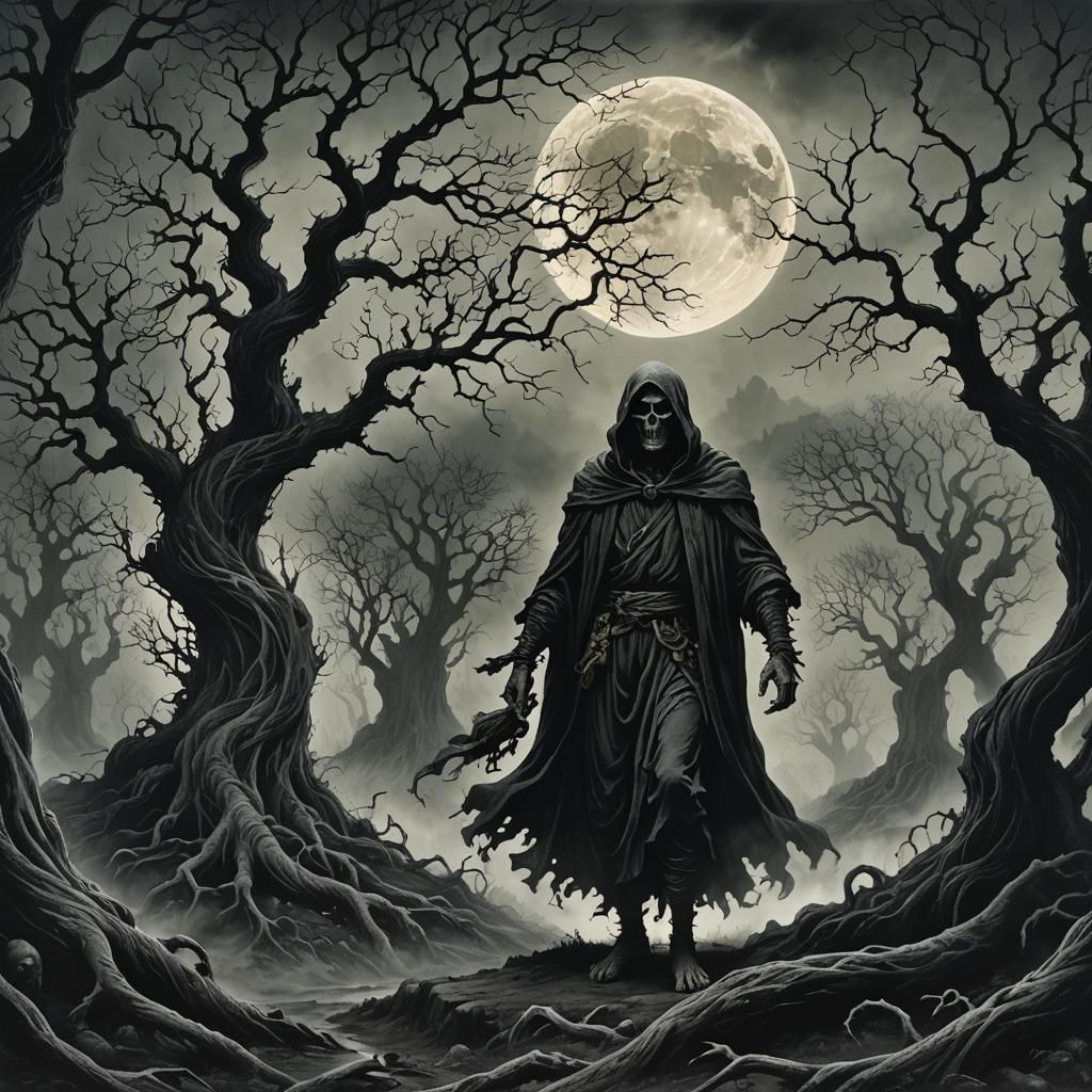 Macabre Figure in Gothic Landscape with Full Moon