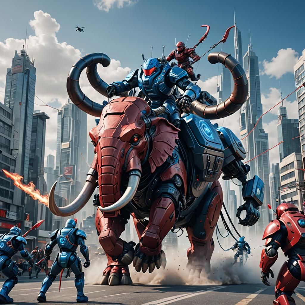 Robots on Mammoths Clash in Futuristic Cityscape