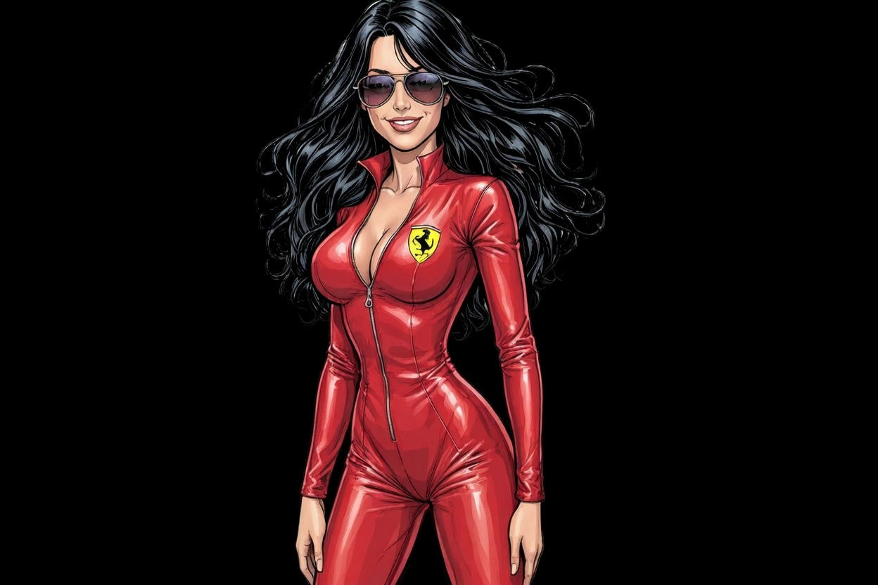 Italian Model in Red Catsuit at Monza, in Comic Art Style