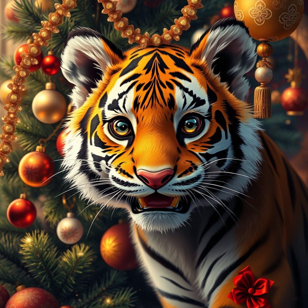 Whimsical Tiger Cub amidst a Lavish New Year's Tree