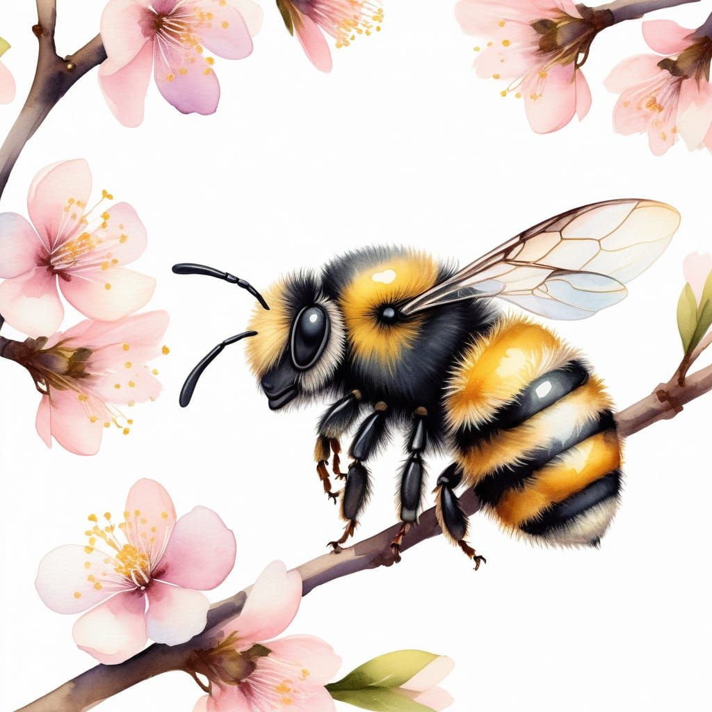 Cute Bumblebee Sleeping on Sakura Branch