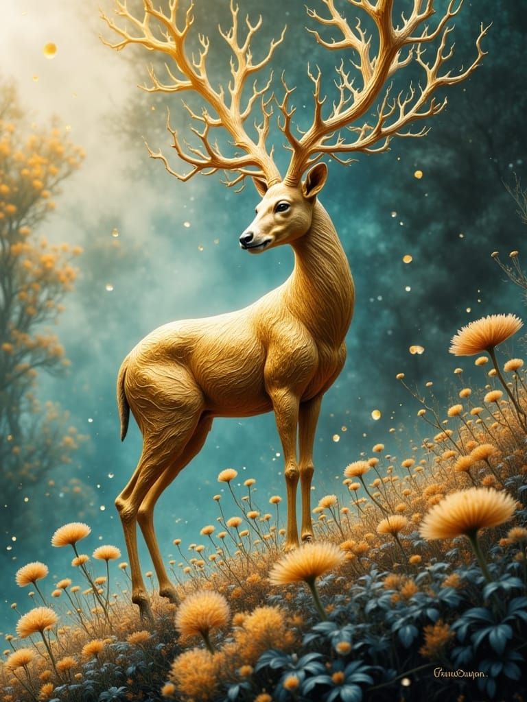 Whimsical Gold Deer in Periwinkle Dreamscape, Inspired by Ja...