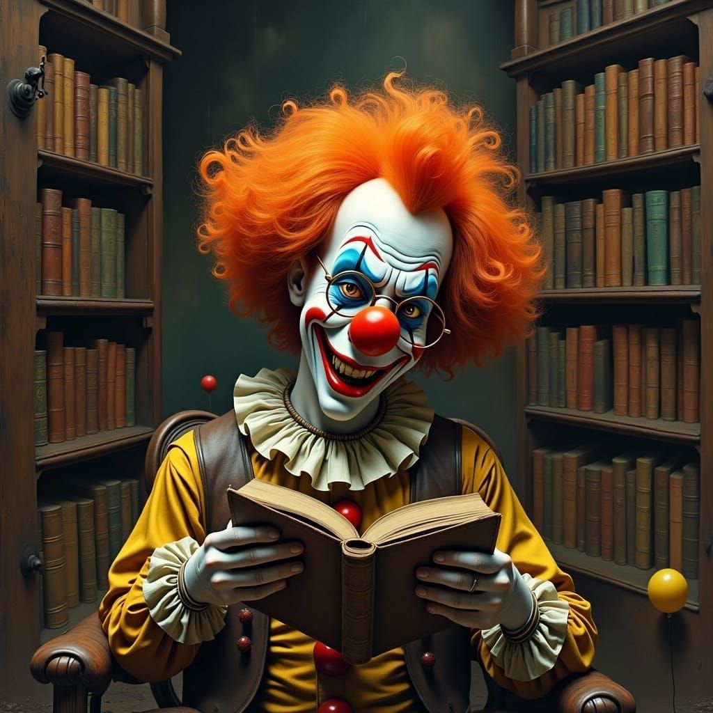 Clown Reads in Library, Whimsical Vintage Illustration